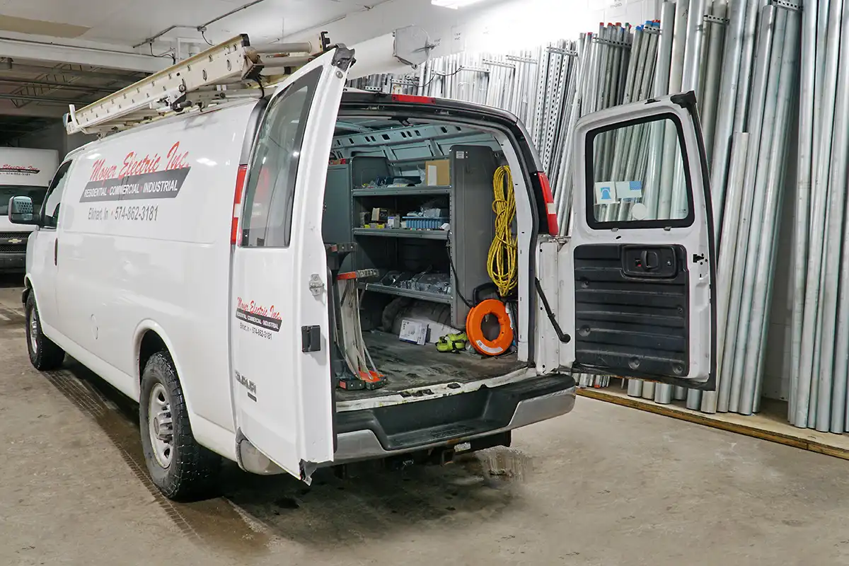 Electrical workers are equiped with well stocked trucks and a warehouse so they have the supplies they need to do the work they love.